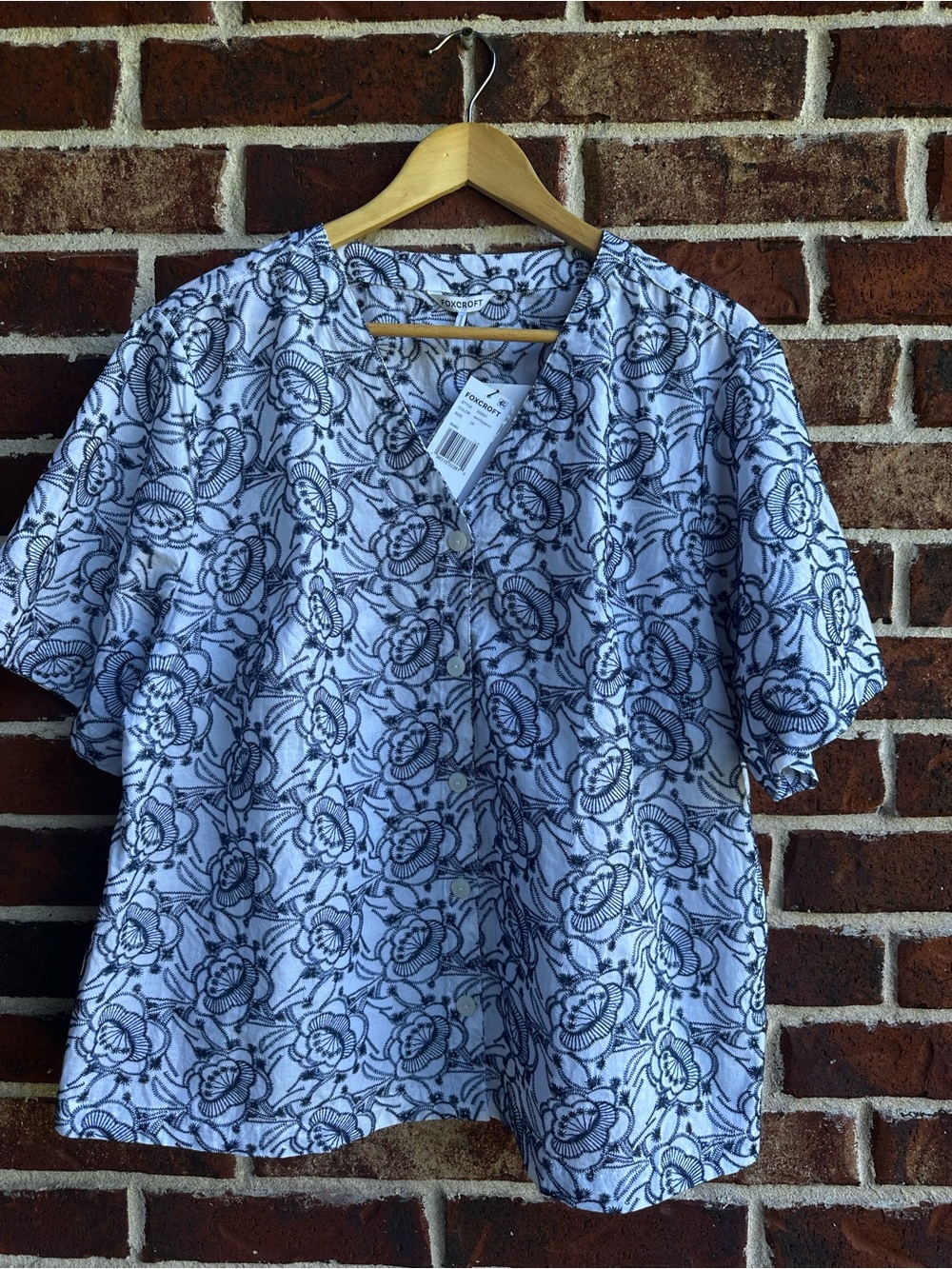Foxcroft White Top with Navy Floral Embroidery